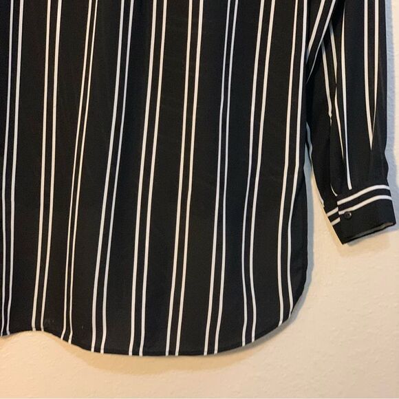 DR2 Tie Front Blouse Women’s XS Black White Block Stripe High Low Button Up. - Picture 6 of 12